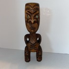 New Zealand Maori Tiki Te Koteko Hand Carved Figure Wood God Paua Shell Eyes Vtg