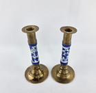 Vintage Pair Solid Brass   Blue   White Ceramic Flower Candlesticks 7 5 