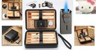 Elegant Leather Cedar Wood Case With Jet Flame Lighter And Accessories - Black