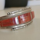 Navajo Sterling Silver J  Douglas Red Coral Stamped Cuff Bracelet Native Vtg