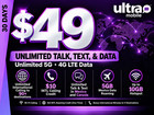 Ultra Mobile  49 Unlimited Plan Sim Kit 1 Month Included 5g Data 10gb Hotspot