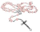Pink Crystallized Glass Beads Rosary Necklace Holy Soil Medal   Silver Crucifix