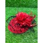 Red Flower Fascinator Hat With Black Polka Dot Veil And Feathers Alligator Clip