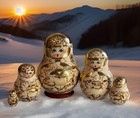 Vtg 1995 Russian Matryoshka Nesting Dolls Set Of 5 Hand Carved  Pyrography  Gold