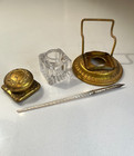 Antique Brass Ink Stand  Hinged Lid  Glass Inkwell    Mother Of Pearl Quill