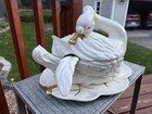 Vintage Ceramic Swan Soup Tureen Large White Gold Accent With Ladle And Platter 