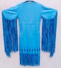 Women s Tan Sky Blue Leather Beaded Fringe Maxi Dress  Native American Regalia 