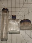 Vintage Lot Of 3 Art Deco Ribbed Glass Vanity Powder Jars Blue Metal Lid