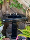 Vintage   Antique Ceramic Black Porcelain Pedestal Bathroom Sink Rare  Perfect 