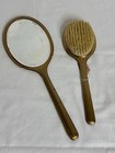 Vintage Brass Tone Vanity Hand Mirror   Hair Brush Set Gold-tone 2-piece