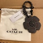 New Coach 17449 Black Tea Rose Floral Bag Charm Keychain Key Fob Dust Bag