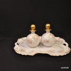 Vanity Dresser Tray 2 Perfume Bottles Pink Roses W gold Hand Painted Artist F w 