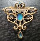 Natural Fire Opal 2ct Oval Cut Vintage Flower Brooch Pin 14k Yellow Gold Plated