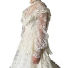Vtg 70s Queen Fit Gowns Victorian High Neck Lace Tiered Ivory Wedding Gown Sz 8