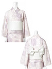 Japanese Kimono Yukata Set Dress Light Pink Flower White Obi Summer Clothes