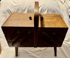 Vintage Sewing Box Wood 3 Tier Accordion W  Legs  Dovetailed Basket Romanian