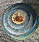 Vintage Art Deco Uranium Glass Powder Box Tin Lid W courting Couple Insert