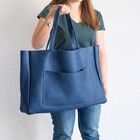 Womens Large Blue Leather Tote Bag Oversized Shoulder Handbag Laptop Work Purse