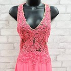 Madison James Coral Pink Beaded Lace Prom Gown Open Back Side Slit Size 12