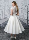 Princess Short Wedding Dress Tea-length Cap Sleeve V-neck Lace Appliques Button