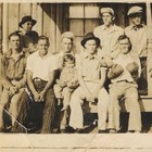 Vintage Snapshot Photo Well Loved Distressed Group Men Porch Boxing Gloves