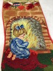 Vtg Wool Needlepoint Christmas Stocking Girl W  Cat Fireplace Red Flannel Back