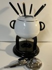 Roshco 10 Piece Fondue Set White Porcelain Enamel Over Steel Complete Vintage