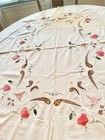 Vtg Embroidery Tablecloth Applique Floral Cutouts Battenburg Lace Cotton 50 x62 