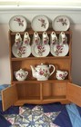 Child Tea Set 23 Pieces Moss Rose W  Wooden Cabinet hutch Vintage Collectible