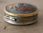 Antique Brass Embroidered Round Hinged Lid Lined Pill Box 1 75  Diameter