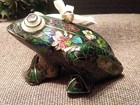 Vintage Cloisonn   Enamel Floral Frog With Gold Trim White Ribbon Tie     