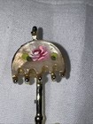 Vintage Mother Of Pearl Umbrella Brooch Hat Pin Gold Tone With Handpainted Rose