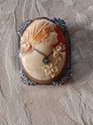 Antique Art Nouveau Carved Portrait Habile Shell Cameo Brooch Filigree Signed 