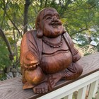 Joyful Lucky Buddha Statue Mahogany Wood Hand Carved 12 x 11 x 6 
