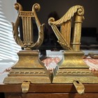 Vintage Gold Harp Lyre Christmas Stocking Holders Heavy Metal Pair Adjustable 