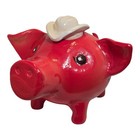 Handmade Ceramic Arkansas Razorback Hog  Red Cowboy Hat Animal Pottery