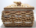 Vintage Wicker Woven Sewing Box Basket Tan Satin Ratan Japan 9 x6 4 
