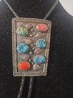 Vintage Navajo Sterling Silver Bolo Tie With Turquoise And Coral Accents 