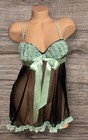 J  C  Penney Delicates Black Sheer Mint Green Lace Trim Bows Nylon Nightie M