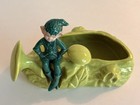 Vintage Pottery Pixie Elf Leafy Toadstool Log Chartreuse Green Ceramic Planter