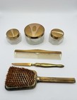Antique French Vanity Set Gold Tone Brush Comb Dresser Set W Case Vtg