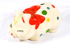 Big Mid-century Ceramic Piggy Bank Polka Dot Pig With Bow 13 x7 x6  Change Bank