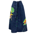 Vintage 1970s Denim Applique Midi Skirt With Scenic Mice And Green Buttons