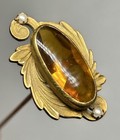 Antique Victorian Gilded Leaf Scroll 9    Hatpin Faceted Amber Glass Seed Pearl