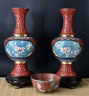 Cloisonn    Rare Vintage Cinnabar 10  Enamel Vases Mirrored Pair  Stands  Bowl  