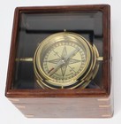 Solid Brass Gimbaled Nautical Style Compass In Solid Wood Box beveled Glass Top