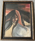 Vintage 60s Southwest Woman Landscape Pastel Painting Modern Mcm Art Mid Century