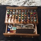 Vintage Brown Wood Sewing Box W  Thread Spool Holder  1 Drawer  Contents Include