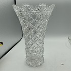 Vintage Cut Crystal Vase 8    Tall Starburst Diamond Pattern Scalloped Rim