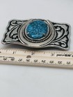 Western Turquoise Belt Buckle Silver Tone Floral Horseshoe Large Oval Stone